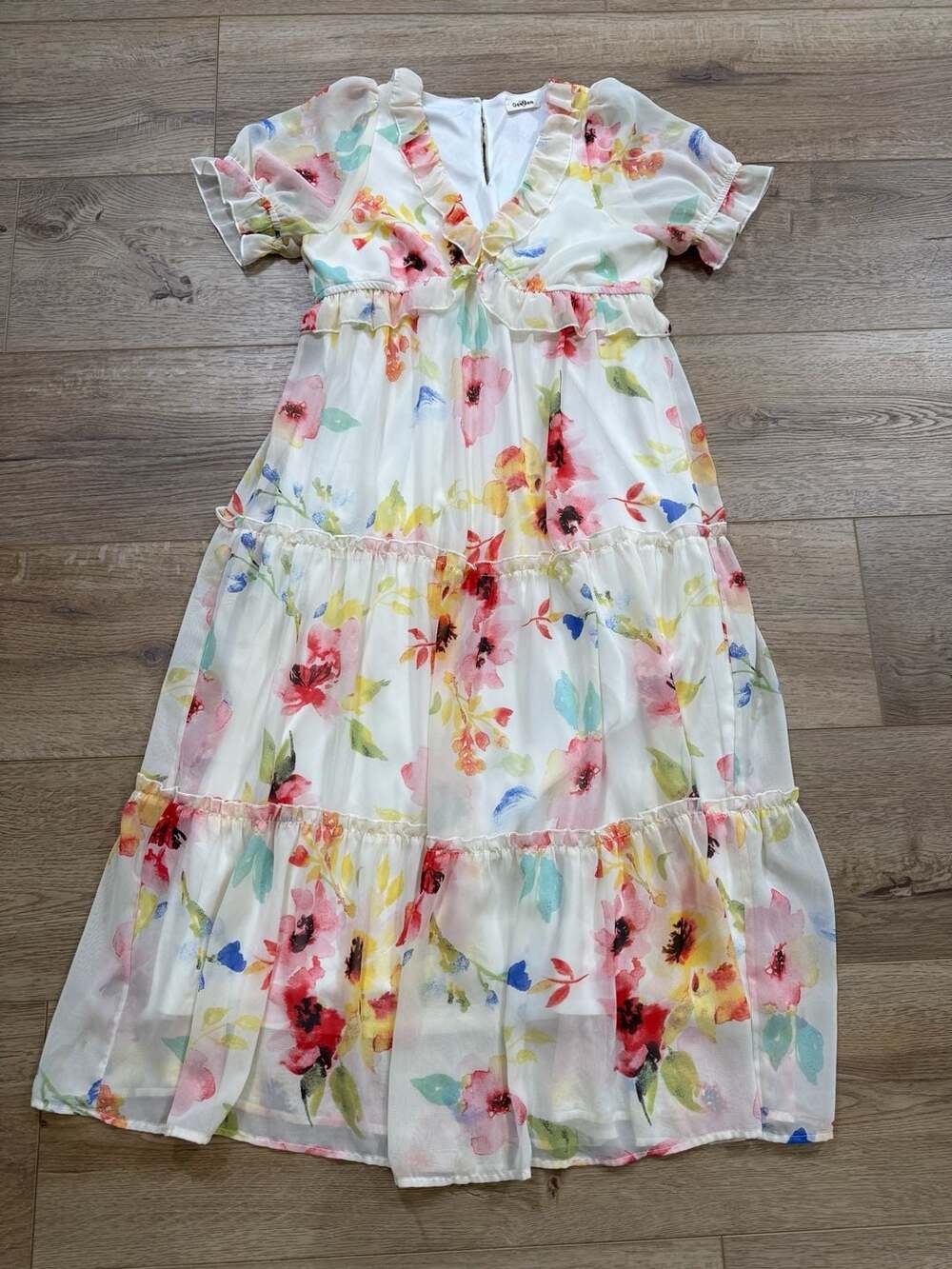 GeeGee Floral Tiered Chiffon Midi Dress Flutter Sleeve V-Neck Boho Women’s L - Picture 3 of 13